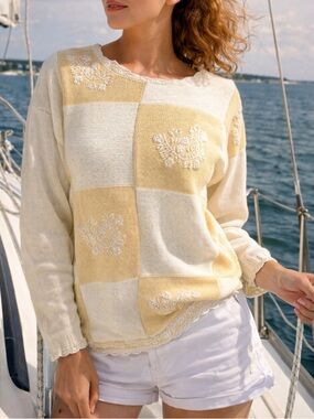 Vintage 90s Kathie Lee Floral Patchwork Sweater Cottagecore Coastal Grandma L